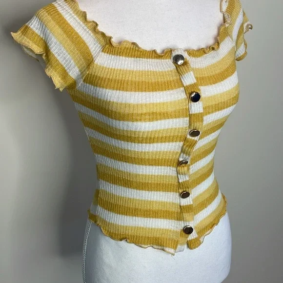 Trendy JS Brand Yellow Striped Women's Top with Ruffle Edges - Picture 2 of 8